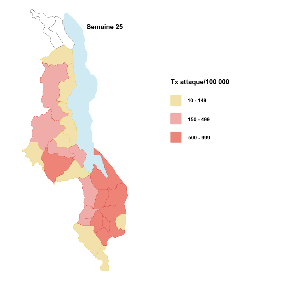 Distribution géographique des cas de rougeole, semaine 25, Malawi, 2010