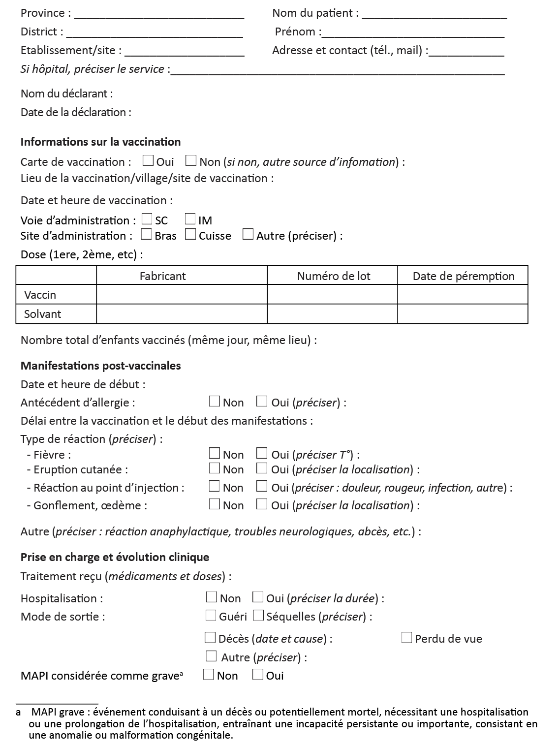 Feuille de notification individuelle des MAPI rougeole