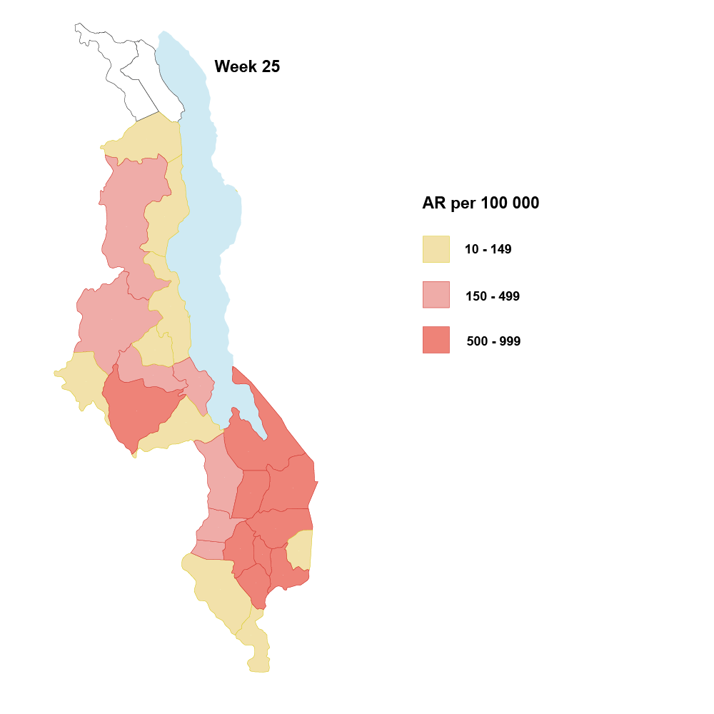 Geographic distribution of measles cases, Week 25, Malawi, 2010